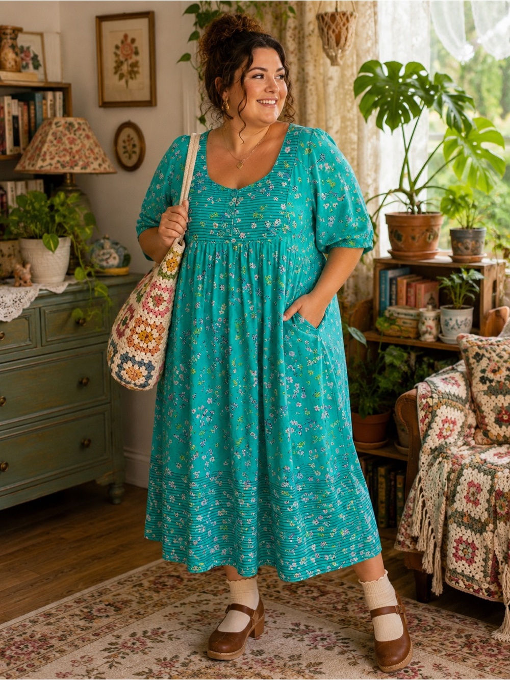 Only Necessities Teal Floral Midi Dress with Pockets House Dress Vintage